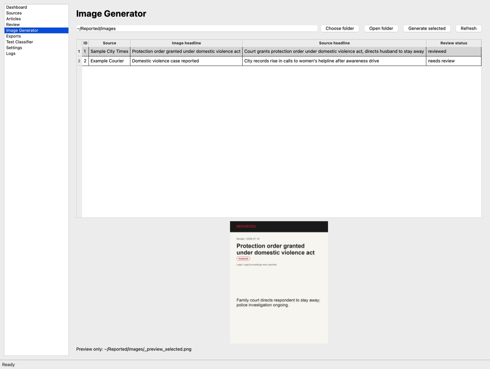 Image generator screen previewing a portrait social card made from a reviewed record.