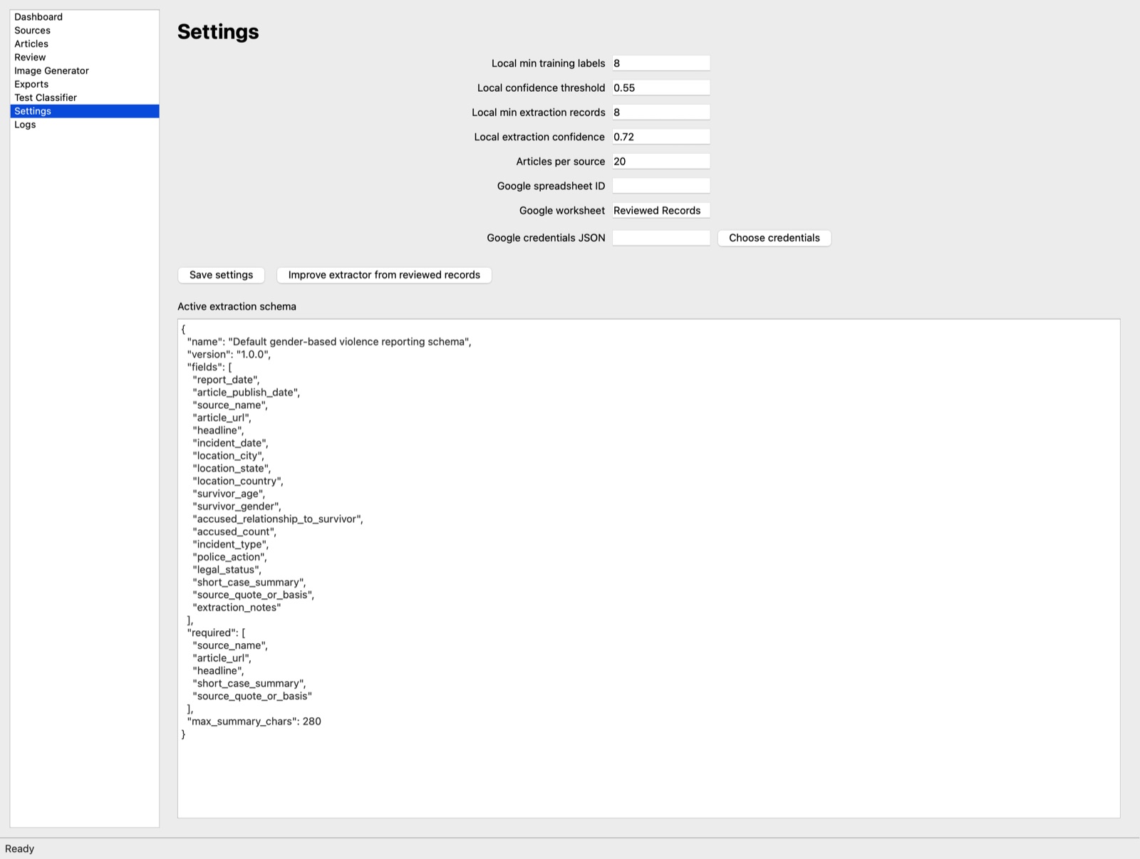 Settings screen with classifier thresholds and the editable extraction schema.