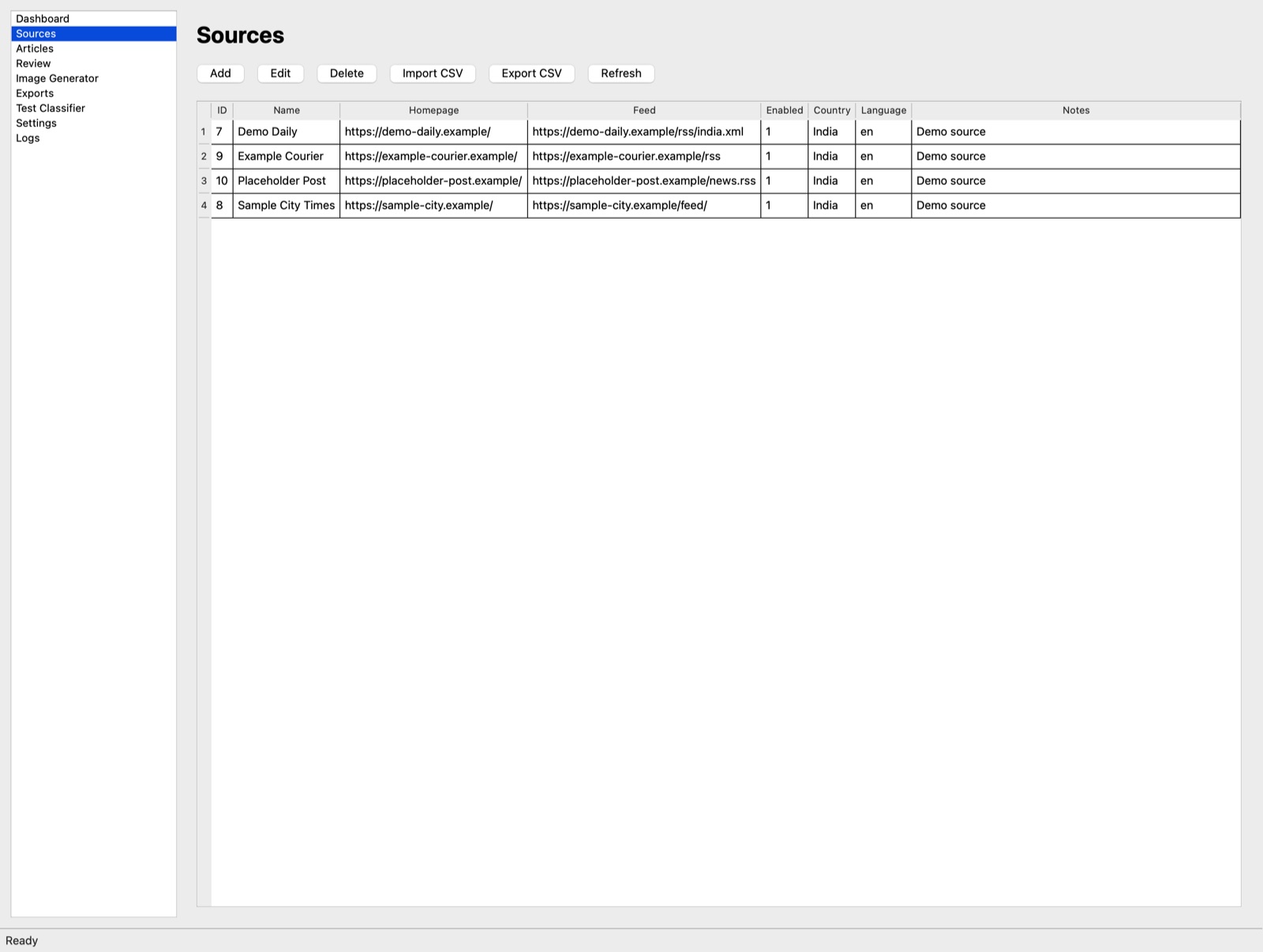 Sources screen listing four configured data sources with their homepage and feed URLs, country and language.